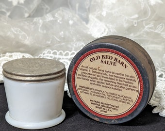 A.D.S. Peredixo Cream Milk Glass Jar and Watkins Old Red Barn Salve Tin Apothecary Set