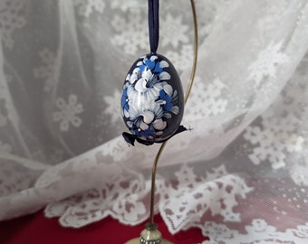 Vintage Floral Hand Painted Dark Blue Wooden Egg Ornament