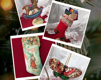 Vintage Christmas Ornament Lot with Mini Version of "The Christmas Stocking" Book