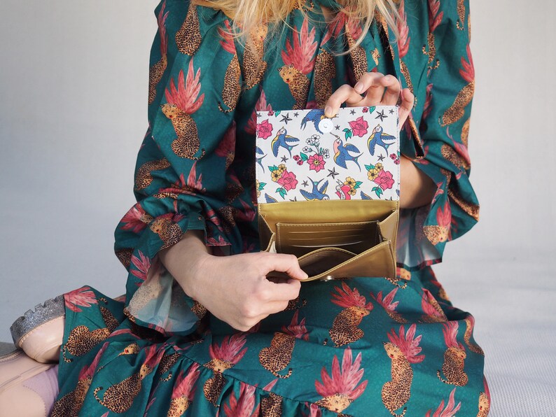 Vegan Clutch Unique Vegan Wallet Vegan gift Women small Textured Vegan Gold Leather Purse with a vintage pic Magnetic Closure