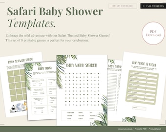 Paquete de juegos para baby shower con temática de safari / Animales de la jungla, vegetación, género neutro (descarga digital)