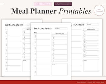 Planificador de comidas semanal minimalista / Organizador de alimentos, lista de la compra (descarga digital)
