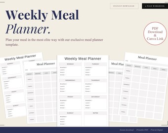 Plantillas minimalistas para planificar comidas semanales / Archivos editables de Canva y descarga en PDF