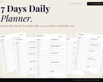 Paquete de planificadores de productividad diarios / Horario por horas, listas de tareas (descarga digital)