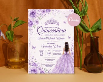 May include: A rectangular invitation card featuring purple watercolour roses, a tiara illustration, and a girl in a purple gown. Text includes Please join us for a Quinceañera, celebrating the daughter of Daniel & Camila Moreno, honouring Valentina Marie.
