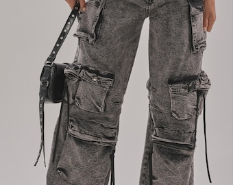 Jean cargo en denim délavé : pantalon streetwear ample ample
