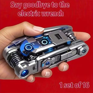 Könnte beinhalten: Ein kompaktes, mehrteiliges mechanisches Werkzeug mit silber-blauer Metallic-Oberfläche, komplexen Zahnrädern und kreisförmigen blauen Akzenten. Der Text "Say goodbye to the electric wrench" und "1 set of 16" ist auf dem roten Hintergrund zu sehen.
