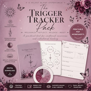 以下が含まれることがあります： The Trigger Tracker Packというタイトルのデジタルダウンロードセット。剣のイラストが描かれたモーヴ色の表紙、Trigger Anatomyワークシート、Emotional Intensity Wheelが含まれており、感情の気づきを記録するための印刷可能なPDFワークシートです。