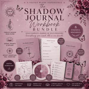 May include: A digital bundle titled The Shadow Journal Workbook Bundle featuring a guided journal, trigger trackers, reflection prompts, a trigger anatomy diagram, an emotional intensity wheel, and a cheat sheet, all in a dusty rose color palette.