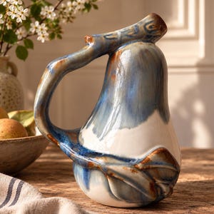 Op de afbeelding: Een peervormige keramische kan met een glanzend glazuur in tinten wit, diepblauw en bruin. Het handvat is gevormd als een getextureerde boomtak die van de bovenkant naar de basis loopt, inclusief bladvormige details.