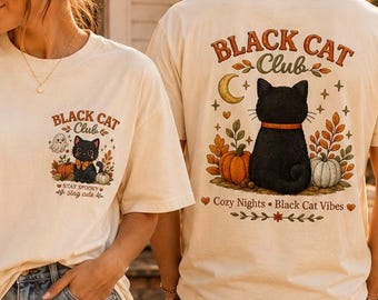 Black Cat Club Shirt, Cozy Halloween Graphic Tee, Embroidered Look Fall Apparel