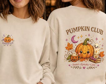 Pumpkin Club Halloween Sweatshirt, Kawaii Ghost Pumpkin Print Crewneck