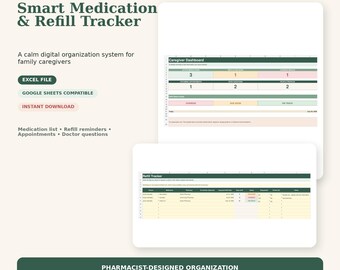 Medication Tracker Spreadsheet, Refill Reminder & Caregiver Planner, Google Sheets Excel Health Organizer