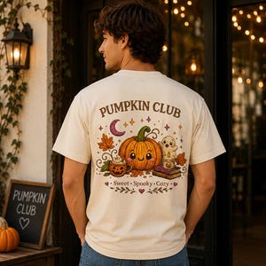 Camiseta de Halloween del Club de Calabazas, Camiseta con Gráfico de Calabaza Fantasma, Aspecto de Bordado Estampado imagen 3