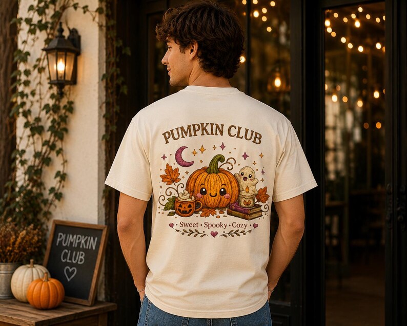 Camiseta de Halloween del Club de Calabazas, Camiseta con Gráfico de Calabaza Fantasma, Aspecto de Bordado Estampado imagen 3