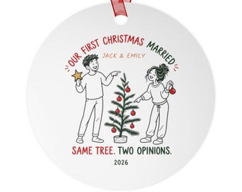 Personalized First Christmas Married Metal Ornament: Funny Newlywed Couple Gift, Custom Names 2026