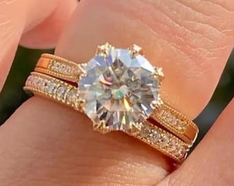 2CT Round Cut Moissanite Bridal Ring Set, 14K Solid Yellow Gold Tulip Setting With Pave Matching Wedding Band, Anniversary Gift For Women