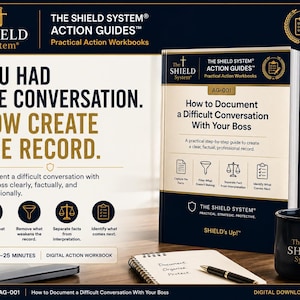 May include: A digital action workbook titled The Shield System Action Guides AG-001 How to Document a Difficult Conversation With Your Boss. The cover features a white background with navy blue and gold text, icons, and a dark blue mug with a gold logo.