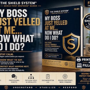 May include: A dark blue and gold guide titled My Boss Just Yelled At Me... Now What Do I Do? The Shield System FR-001 first edition book features a shield logo, text about workplace response strategies, a 15-minute read time, and printable fillable tools.
