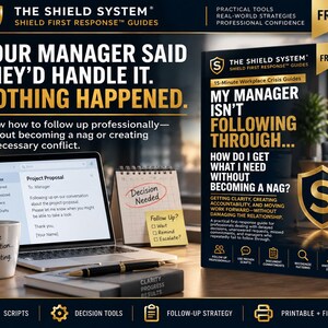 May include: A digital guide titled The Shield System FR-029, My Manager Isn't Following Through, featuring a laptop displaying a project proposal email, a mug with text, a notepad with Decision Needed, and a book cover with gold shield branding.
