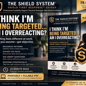 May include: A professional guide titled The Shield System: I Think I'm Being Targeted... Am I Overreacting? This 18-page, 15-minute read is a printable and fillable PDF designed for workplace crisis management, featuring a gold shield logo and text.