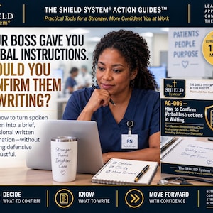 May include: The Shield System Action Guide AG-006 titled How to Confirm Verbal Instructions in Writing, featuring a white tumbler with text, a spiral notebook with a checklist, and a laptop. The guide includes an estimated completion time of 15-25 minutes.