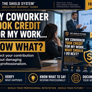May include: The Shield System FR-017 guide titled My Coworker Took Credit For My Work... Now What? features a black and gold color scheme with icons for verifying, responding, and documenting work to protect professional reputation and future.