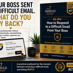 May include: A dark blue and gold book titled The Shield System Action Guide AG-004 How to Respond to a Difficult Email From Your Boss, displayed next to a laptop screen showing an email interface with a reply button and a black mug with a gold shield logo.
