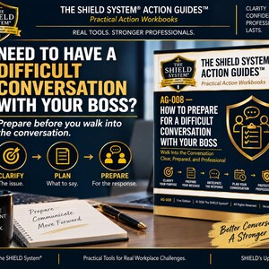 May include: The Shield System Action Guides workbook titled How to Prepare for a Difficult Conversation with Your Boss, featuring a gold shield icon, text, and a step-by-step process for professional workplace communication, presented in a dark blue and gold color scheme.