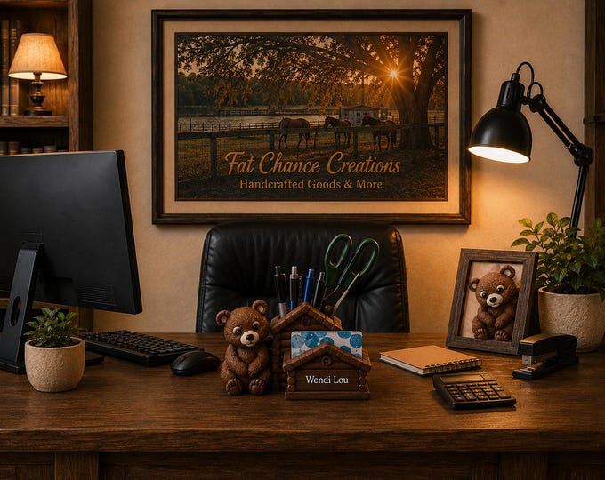 Personalized Bear Desk Organizer | Custom Name Pen & Business Card Holder | Rustic Log Cabin Office Decor | Teacher Gift