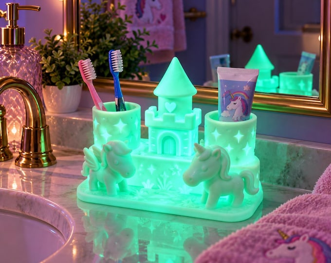 Unicorn Toothbrush Holder & Bathroom Organizer, Princess Castle Desk Organizer, Glow in the Dark or Floral Pink