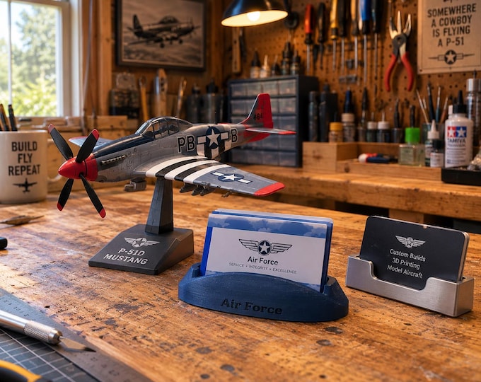 P-51 Mustang Model Kit & Air Force Business Card Holder | 3D Printed WWII Aircraft Desk Display | Aviation Gift