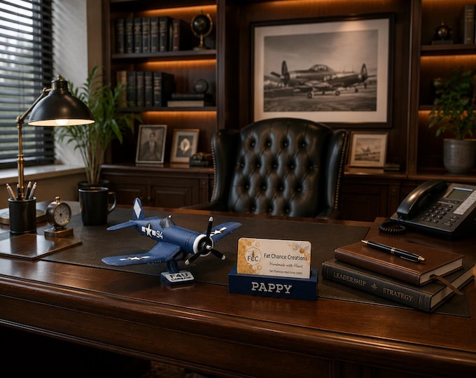 F4U Corsair Airplane Model Kit & Personalized Business Card Holder | WWII Aviation Desk Display | Pilot Veteran Gift