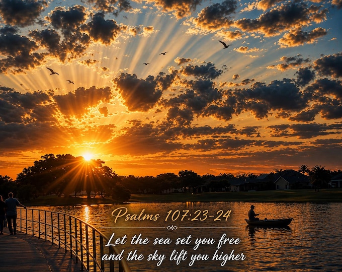 Christian Sunset Wall Art Printable | Psalms 107:23-24 Scripture Print | Instant Digital Download | Faith Inspired Lake Sunset Decor