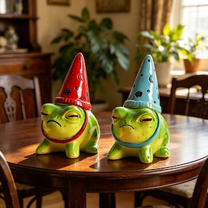 Könnte beinhalten: Zwei Keramik-Froschfiguren mit mürrischem Gesichtsausdruck, die jeweils einen spitzen Hut tragen. Ein Frosch hat einen roten Hut mit schwarzen Stern- und Mondmustern, der andere einen hellblauen Hut mit ähnlichen schwarzen himmlischen Motiven.