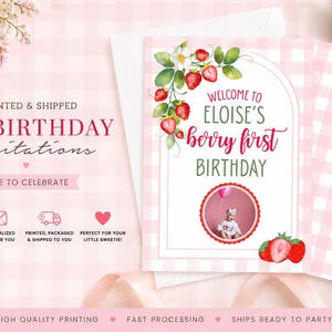 Strawberry First Birthday Invitation Printed and Shipped, Berry First Birthday Floral Arch Invite, Pink Gingham Girl 1st Birthday Card
