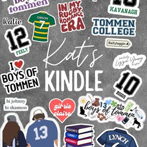 May include: A collection of stickers featuring themes from the Boys of Tommen series, including jersey graphics with numbers 12, 7, 10, and 6, text reading Kat's Kindle, various character names, book titles, and illustrations of books, a teddy bear, and sports gear.