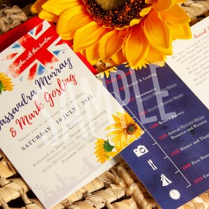 Muestra - Invitación de boda o fiesta con girasoles y la bandera de Londres