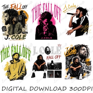 May include: A collection of six graphic designs featuring J. Cole, including portraits, concert imagery, and text elements like The Fall Off, J. Cole, and Dreamville. The designs use various colour palettes including yellow, black, pink, and green.