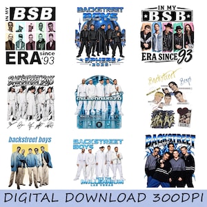 Puede incluir: Una colección digital de nueve diseños gráficos con el grupo musical Backstreet Boys, incluyendo varios retratos de la banda, imágenes de conciertos y elementos de texto como In My BSB Era Since 93, Millennium 2.0 y Sphere 2025, en descarga 300 DPI.