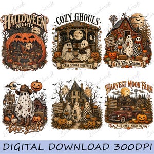 Könnte beinhalten: Eine Sammlung von sechs digitalen Halloween-Illustrationen mit Geistern, Kürbissen, Bauernhofszenen und Spukhäusern. Der Text umfasst Halloween Nights, Cozy Ghouls, Stay Spooky Together, Tis The Season, Boo Y'all und Harvest Moon Farm.