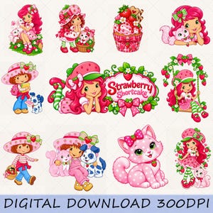 Könnte beinhalten: Eine Sammlung digitaler Illustrationen mit der Figur Strawberry Shortcake mit rosa Haaren, die erdbeerthematische Hüte und Outfits trägt, begleitet von Haustieren, Cupcakes und dem Schriftzug Strawberry Shortcake in leuchtenden Farben.