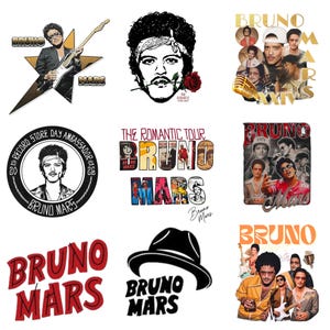 May include: A collection of nine graphic designs featuring Bruno Mars, including portraits, concert photography, stylized illustrations, and text logos. The images display various outfits, musical instruments, and tour branding in a mix of color and black and white.