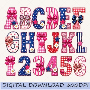 Könnte beinhalten: Ein digitales Alphabet- und Zahlenset mit den Buchstaben A bis L und den Ziffern 1 bis 6. Jedes Zeichen zeigt verschiedene Muster wie Vichy-Karo, Punkte und Streifen in Rot, Weiß und Blau, verziert mit rosa Schleifen und Blumen.