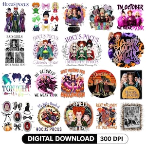 Könnte beinhalten: Eine Sammlung digitaler Grafikdesigns mit den Sanderson-Schwestern aus Hocus Pocus, darunter verschiedene Illustrationen der Charaktere, Kürbisse, schwarze Katzen und thematischer Text wie I Smell Children und In October We Wear Pink.
