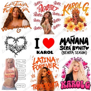May include: A collection of digital graphic designs featuring Karol G, including portraits, text like Latina Forever, Papasito, Bichota, and Mañana Será Bonito, heart symbols, barbed wire motifs, and floral elements in vibrant orange, pink, and black colors.