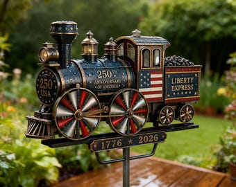 Palo da giardino a forma di treno per il 250° anniversario, decorazione da giardino in metallo con locomotiva e bandiera americana per esterni.