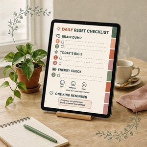 Może przedstawiać: Tablet wyświetlający listę kontrolną Daily Reset z sekcjami Brain Dump, Today's Big 3, Energy Check oraz One Kind Reminder. Na ekranie widoczny jest tekst Progress, not perfection. Done is better than perfect. Tablet spoczywa na drewnianej podstawce.