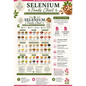 Peut inclure: Un tableau imprimable en PDF sur les aliments riches en sélénium, classés par catégories comme les noix, graines, fruits de mer, viandes, volailles, œufs, produits laitiers, céréales, légumineuses, légumes et fruits, incluant les formats A4 et US.
