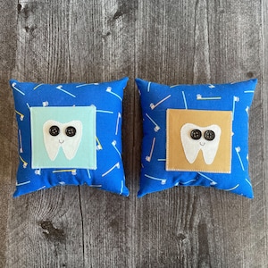 Tooth Fairy Pillow - Blue | Stuffed Tooth Pillow with Pocket, Hand Embroidered, Handmade, Keepsake for Girl or Boy, Toothbrush Fabric